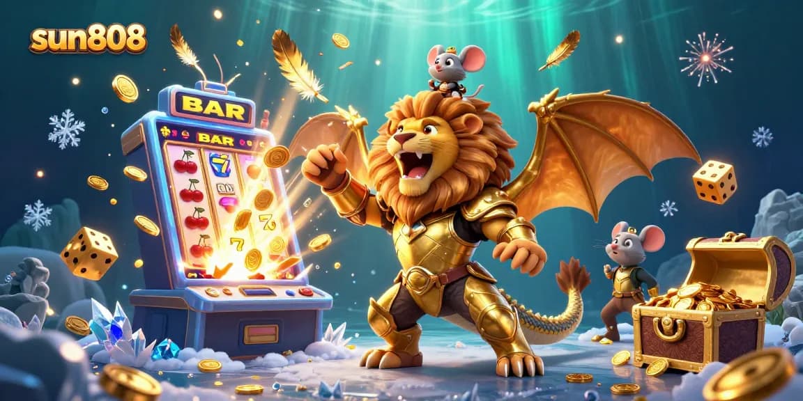 Experience thrilling wins at sun808 with a vibrant 3D casino scene filled with jackpots and excitement.