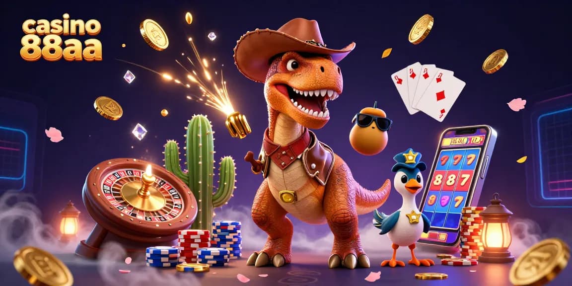 Experience thrilling gameplay at casino 88aa with a dynamic illustration of a T-Rex cowboy, poker chips, and roulette elements.