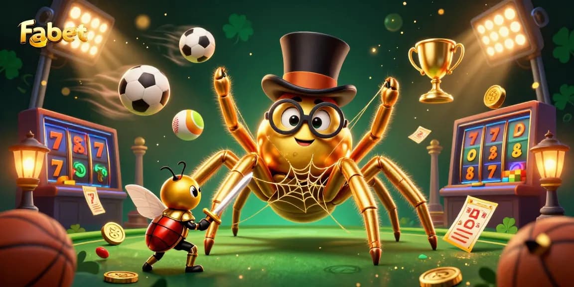 Fabet brings excitement as a golden tarantula weaves a golden web in a lively casino scene.