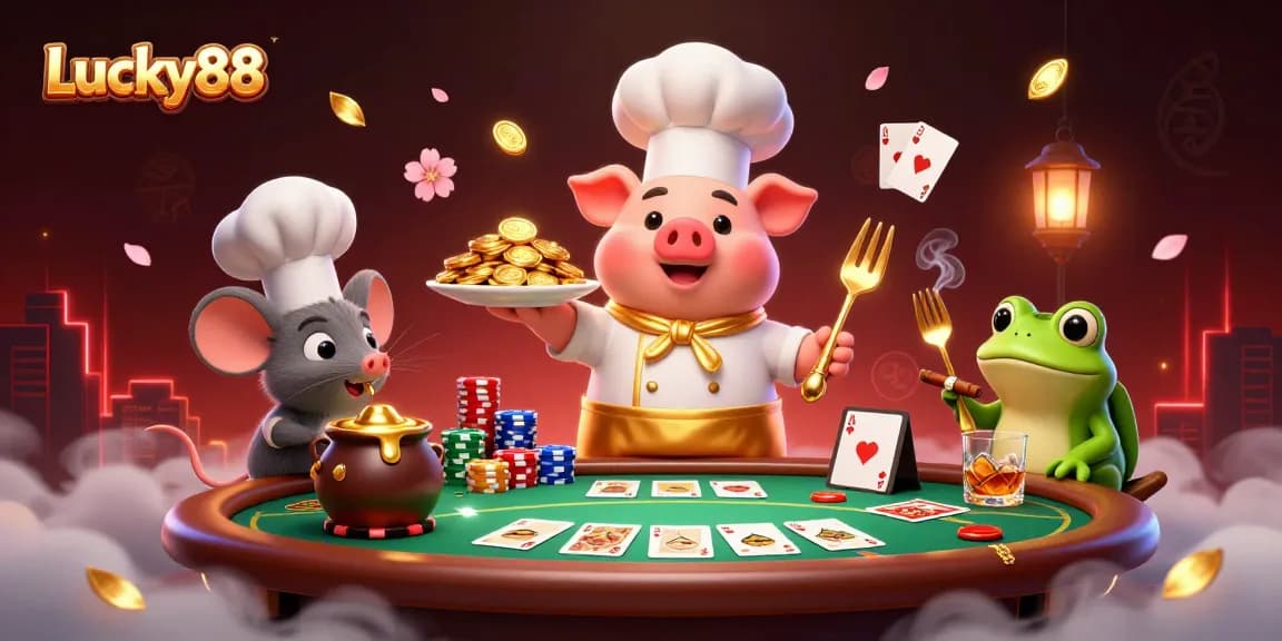 Experience the vibrant energy of Lucky88 with a lively casino scene featuring cheerful characters.