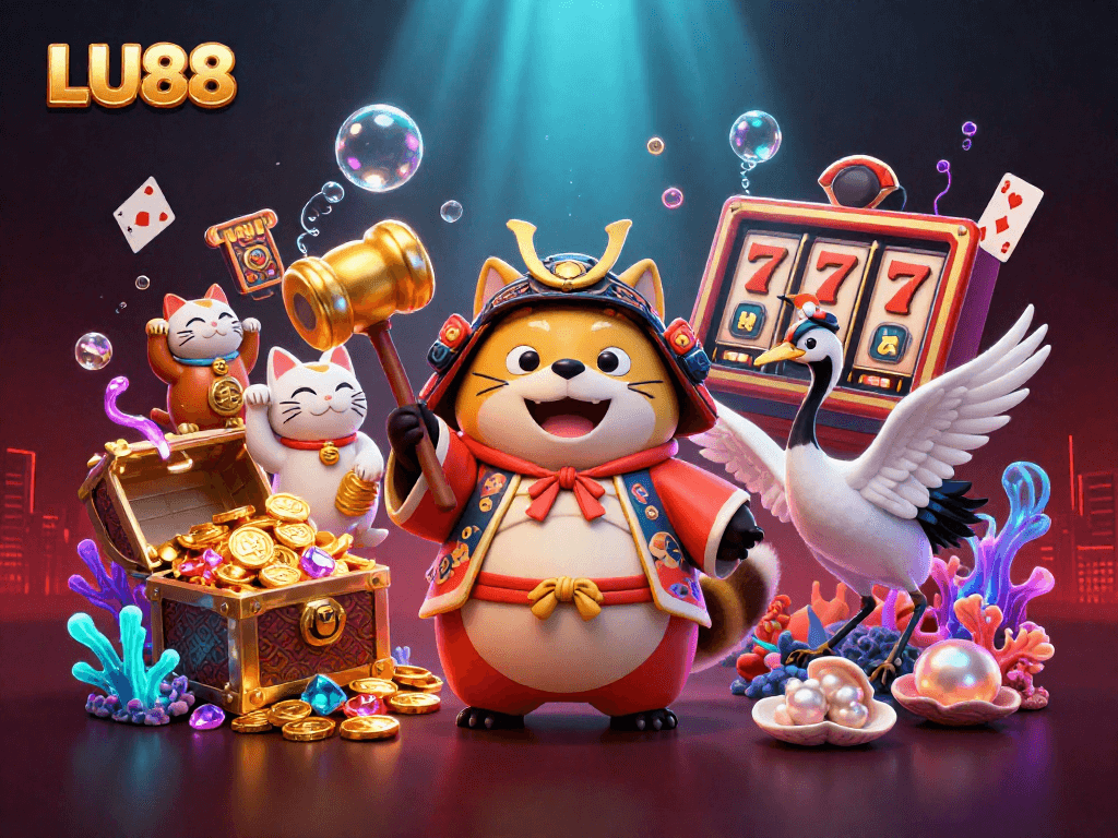 LU88 brings vibrant gaming excitement with cheerful tanuki and colorful maneki-neko in a lively casino scene.