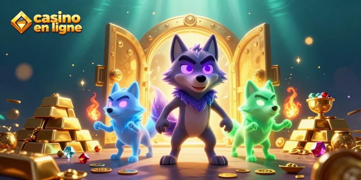 Jouez dans un casino en ligne où un loup fantôme dirige, entouré d'or et de joyaux.