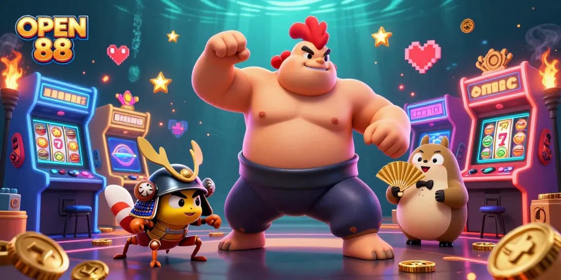 Experience the excitement of OPEN 88 with dynamic casino-themed 3D illustration featuring vibrant characters.