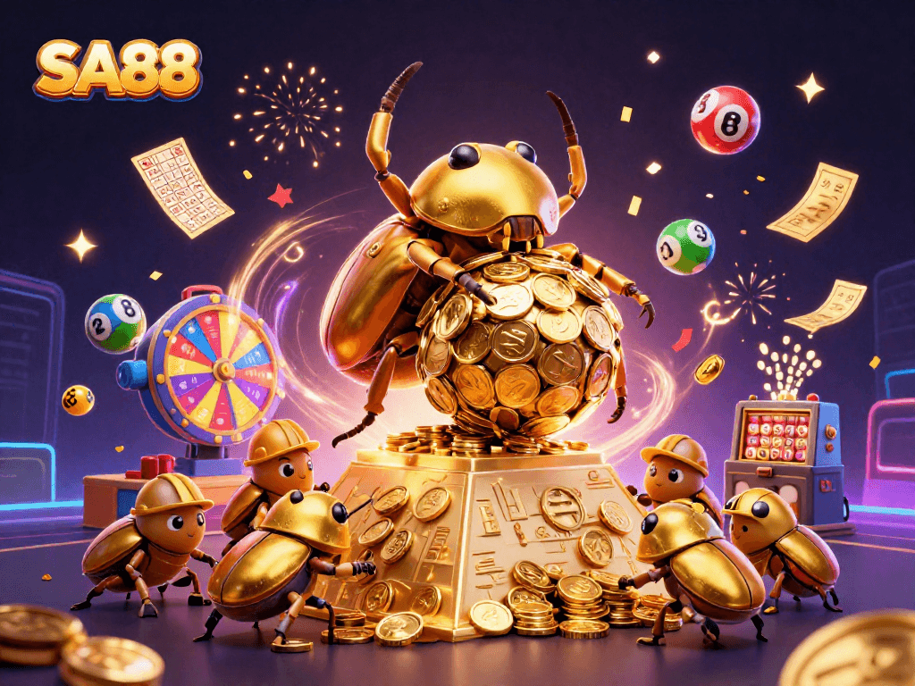 SA88 engaging with vibrant lottery balls and golden coins in a dynamic casino scene