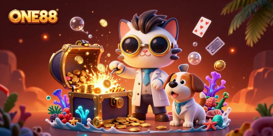 Engage with ONE88's thrilling casino adventure featuring a mad scientist cat and loyal dog in a gold-filled laboratory.