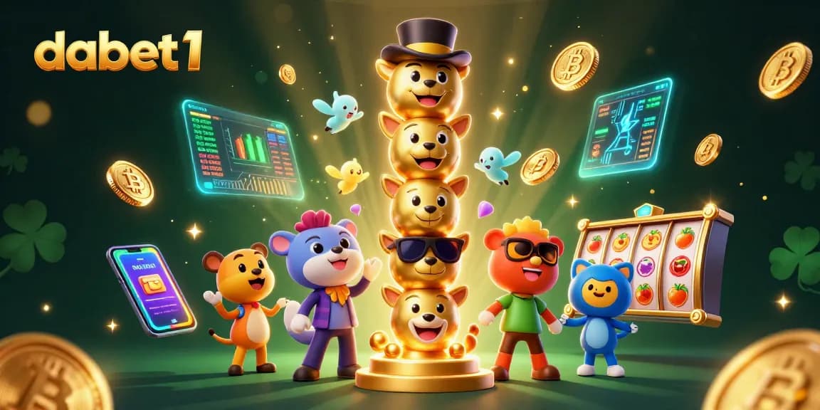 Engage with dabet1 in a lively 3D illustration showcasing crypto elements and slot symbols.