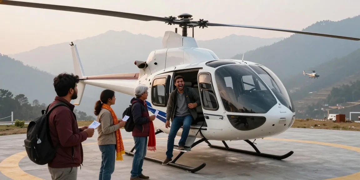 vashino devi helicopter booking passengers excitedly boarding at Katra Helipad with stunning mountains