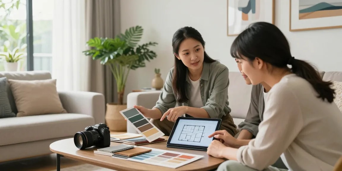 Desain interior rumah dengan layanan konsultasi di https://decorserene.com/privacy-policy/ menunjukkan proses kolaborasi antara desainer dan klien.