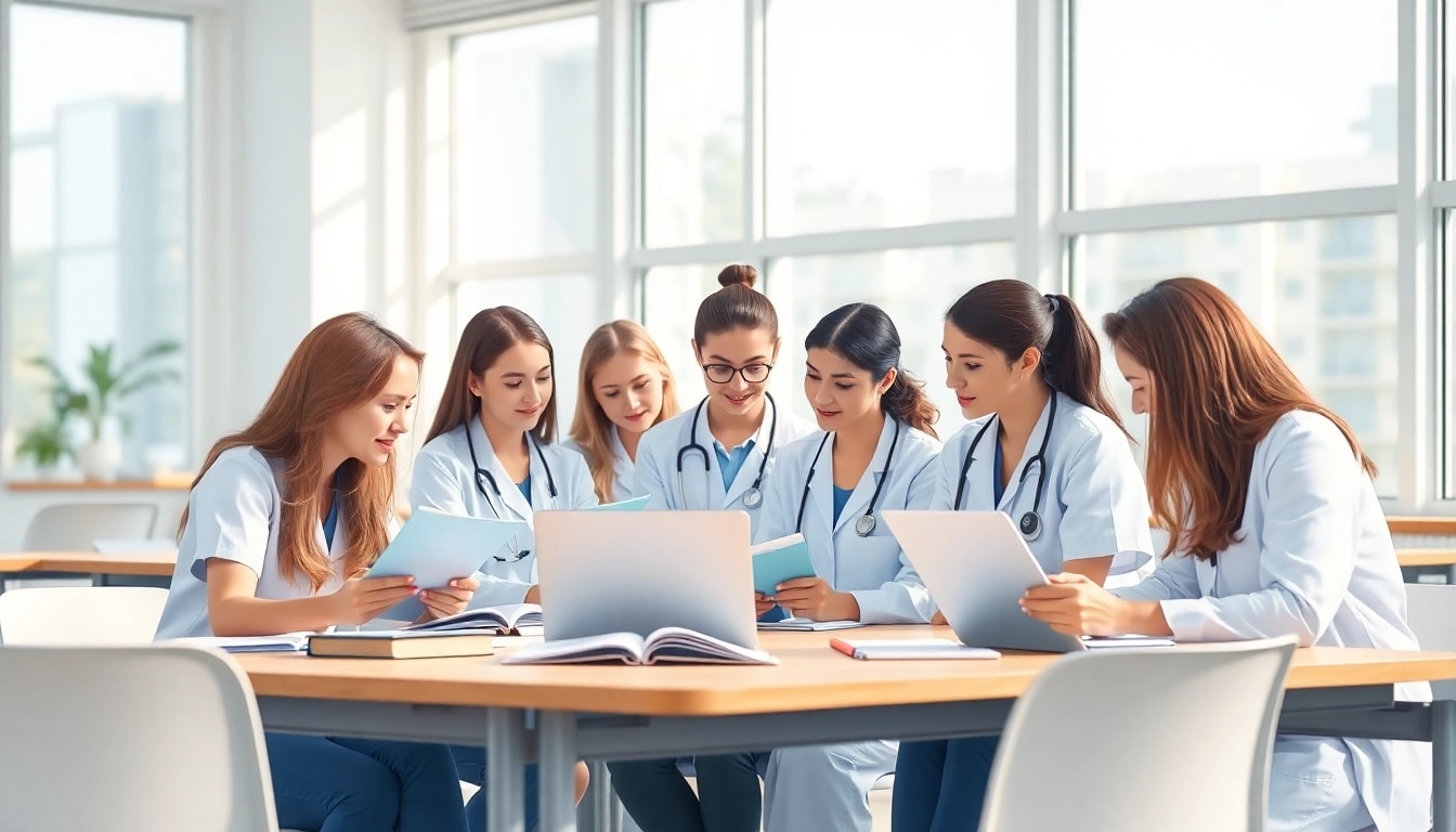 Students engaged in an In person Nclex review in Houston, collaborating in a bright classroom.