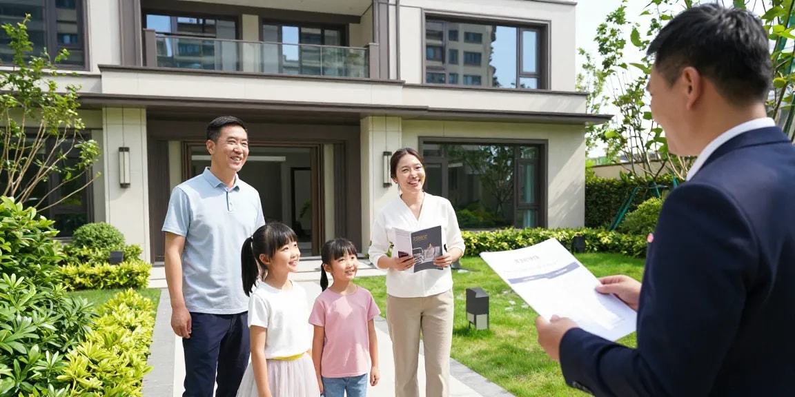 Visite d'une maison moderne par la woningunie avec jardin verdoyant, représentant l'achat immobilier.
