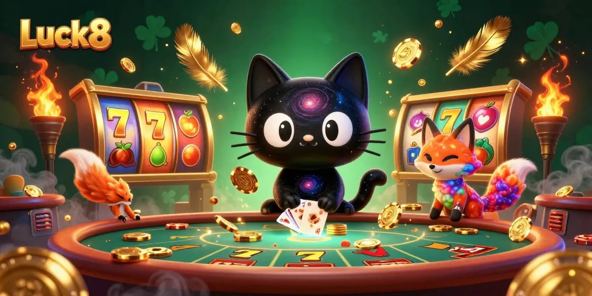 Luck8 dazzles players with golden chips and lucky slot reels in a vibrant cosmic casino.