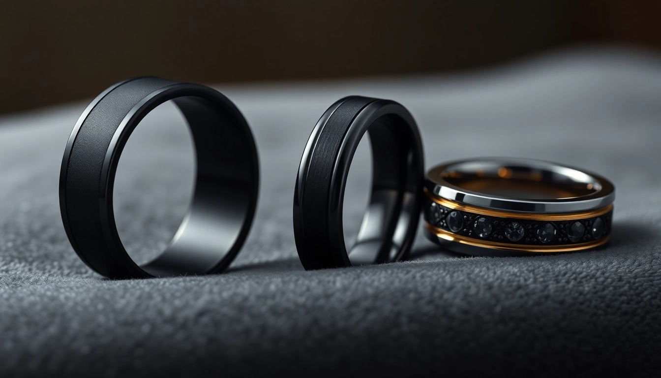 Showcase dark mens wedding bands with elegant designs and stunning textures displayed vividly.