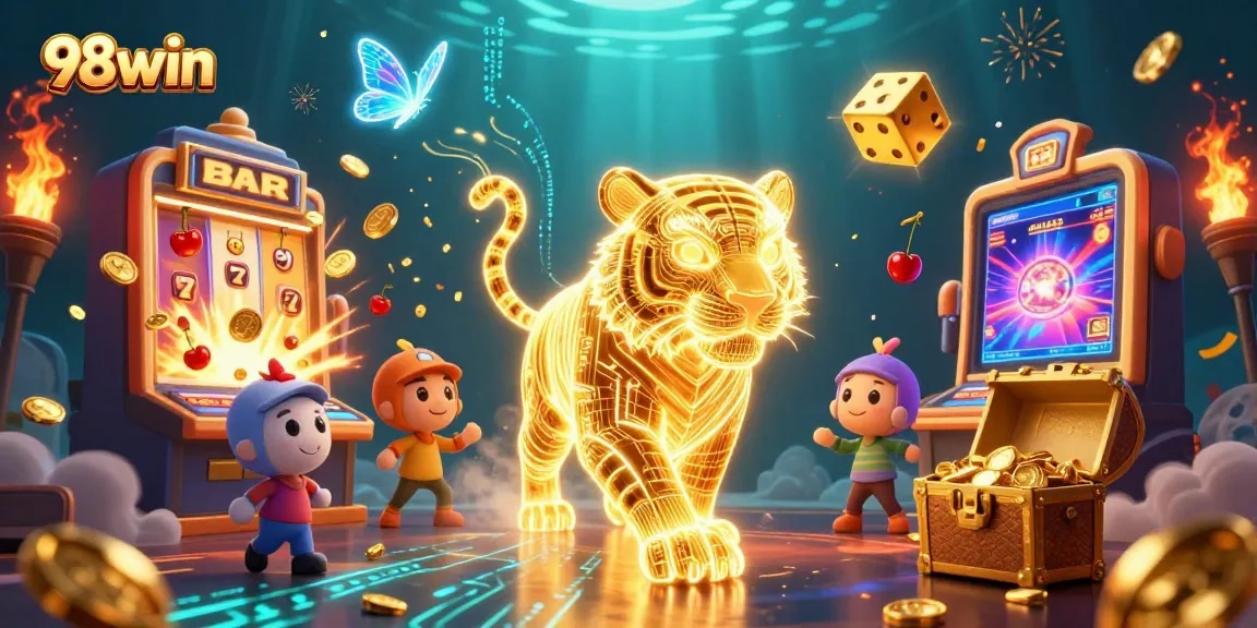 Join the excitement of 98win's casino games with vibrant characters and a thrilling environment.