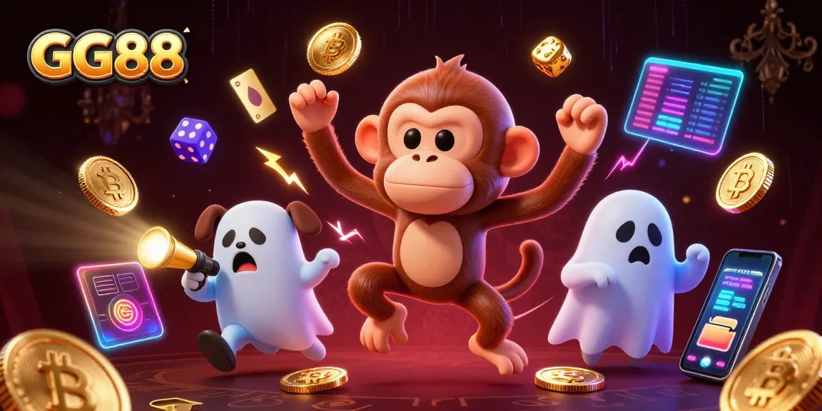Experience thrilling gaming at GG88, where our ghost-hunter puppy tracks a mischievous monkey juggler in a vibrant online casino.