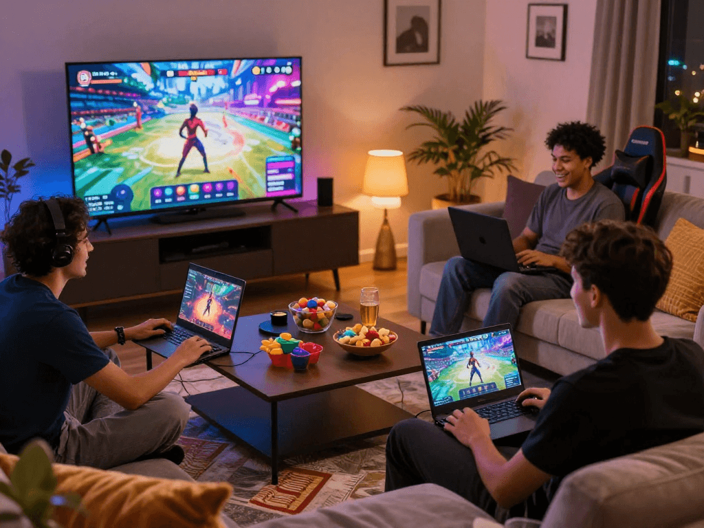 Players enjoying real sex games in a cozy living room setting with vibrant screens and snacks.