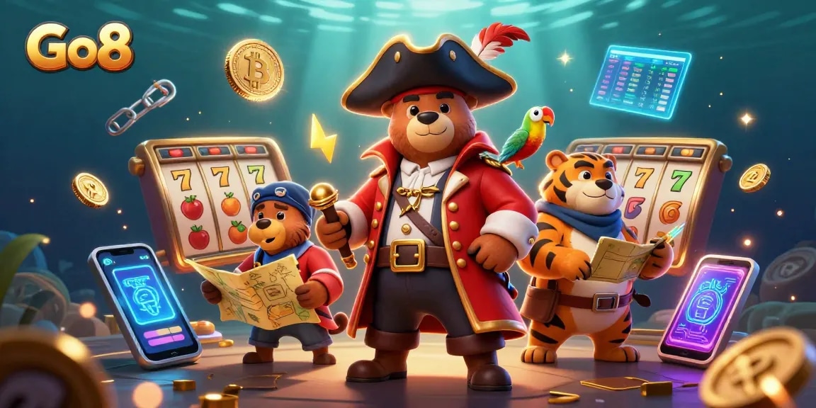 Join the Go8 casino adventure with a pirate bear, tiger first mate, and shimmering jackpot reels.