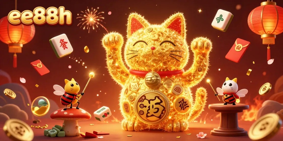 Experience the vibrant excitement of ee88h with golden fireflies forming a lucky cat in a lively casino setting.