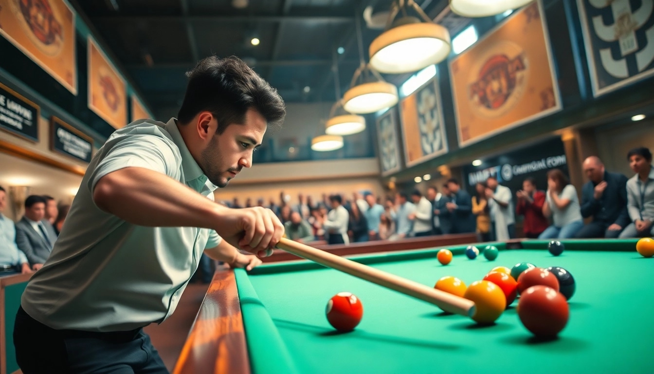 Billiards player making an impressive shot in a lively tournament atmosphere.