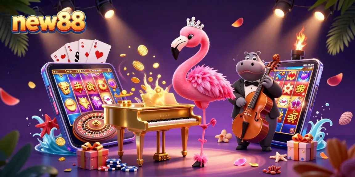 Enjoy new88's vibrant casino atmosphere with a colorful flamingo singer and hippo bassist.