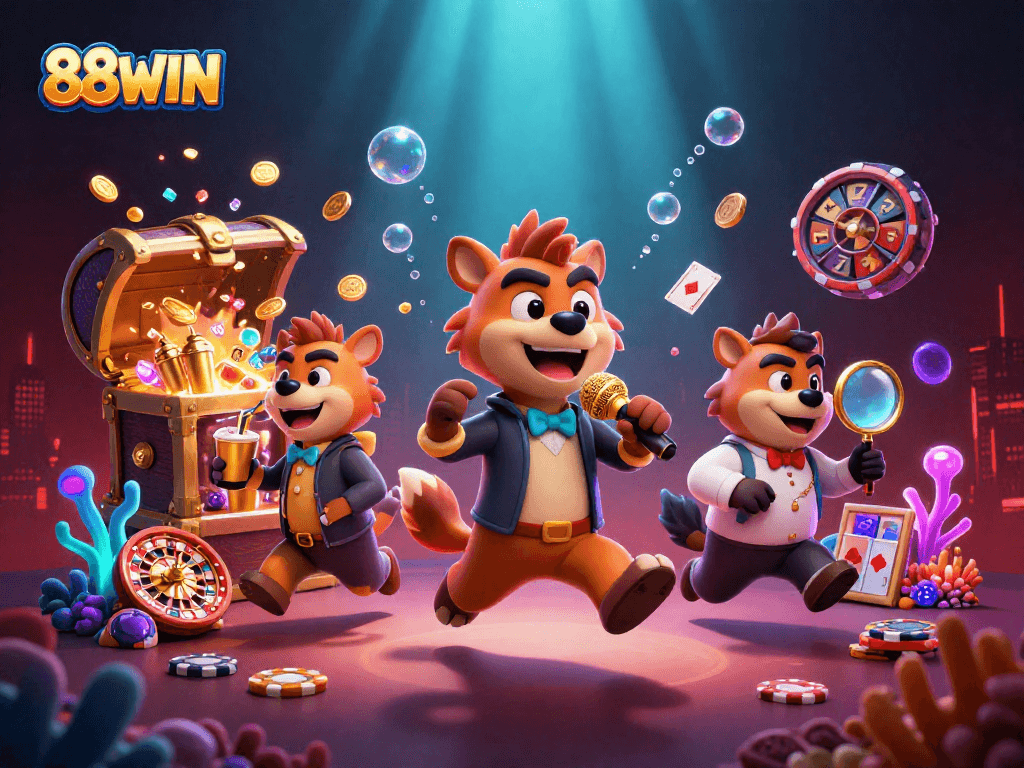 Join the fun at 88WIN with a lively illustration of hyenas in a vibrant casino atmosphere, perfect for engaging gamblers.