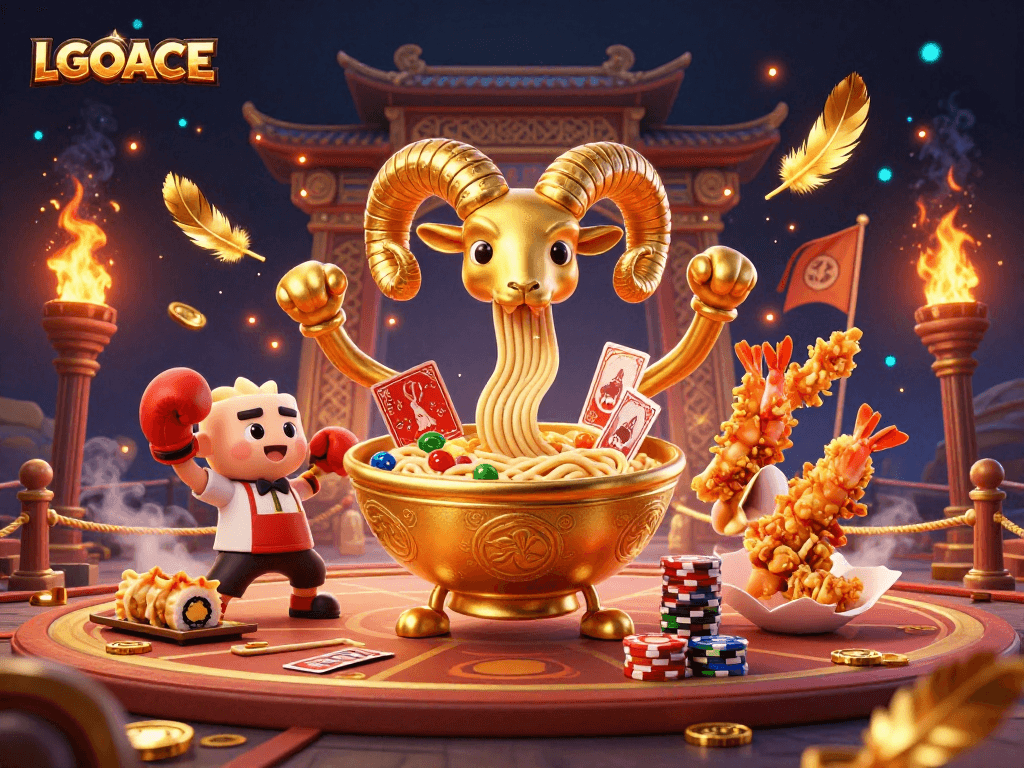 LGOACE offers exciting slot action with a vibrant giant ramen bowl character amidst a casino atmosphere.