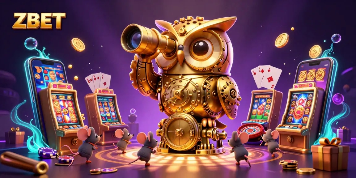 ZBET showcases an exciting casino scene with a clockwork owl and mouse patrons enjoying games.