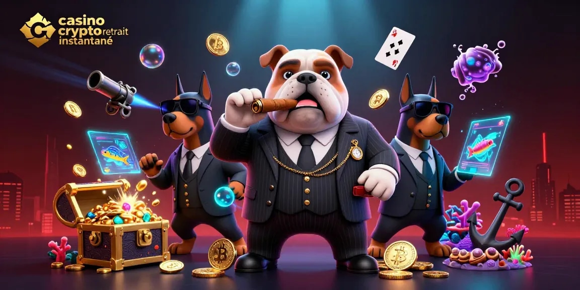 Illustration d'un casino crypto retrait instantané mettant en scène un bulldog mafieux avec des dobermans, entourés de pièces de cryptomonnaie.