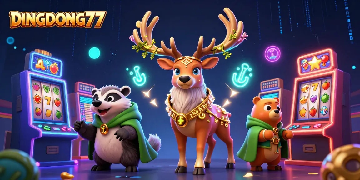 DINGDONG77 spins excitement with a Celtic druid, badger, and vibrant slots in a magical scene.