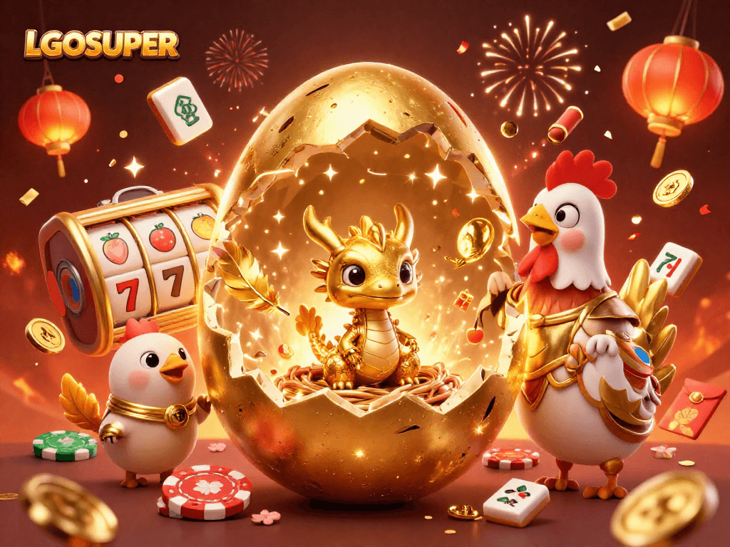 Engage with LGOSUPER's thrilling slots featuring golden dragons and poker chips, capturing the excitement!