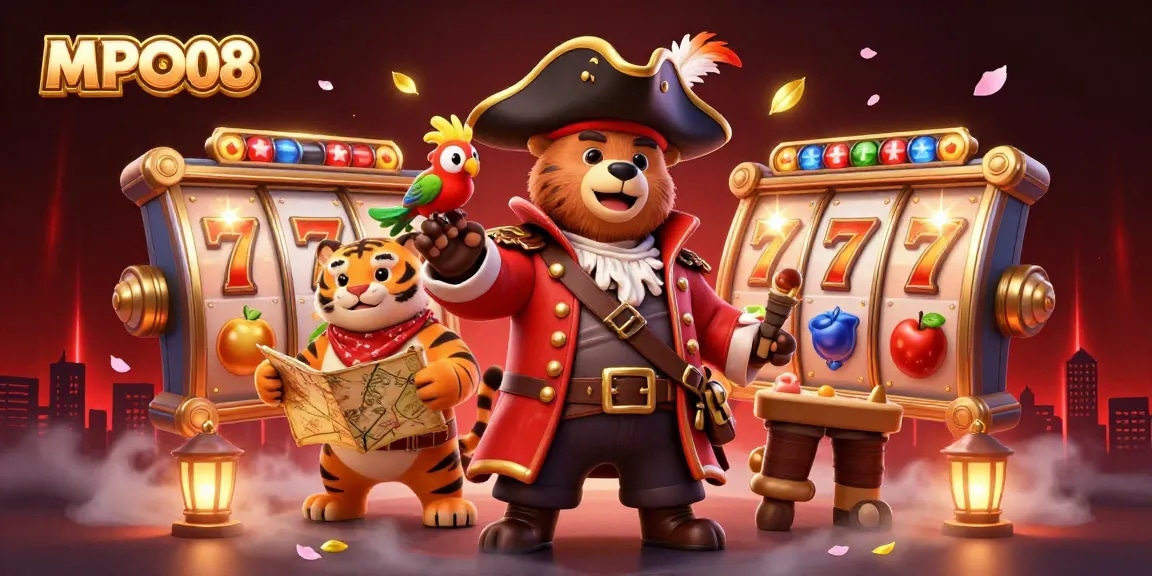 MPO08 showcases a vibrant 3D pirate scene with slot reels and golden jackpots, perfect for players seeking excitement.