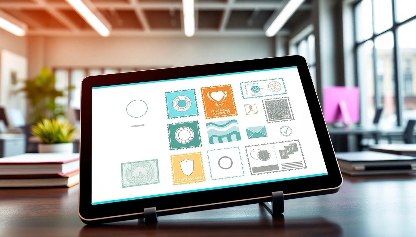 Create digital stamp cards displayed on a tablet in a bright, modern office workspace.