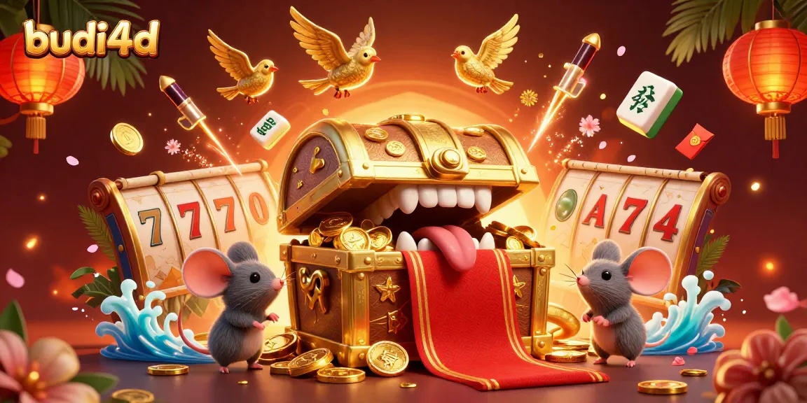 Engage with budi4d's thrilling slot games featuring a treasure chest and adventurer mice in a vibrant casino setting.