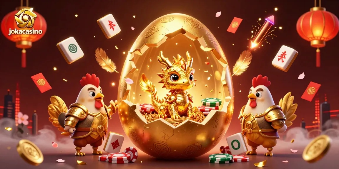 Experience the thrill at jokacasino with a dazzling golden dragon and poker chips in vibrant 3D art.