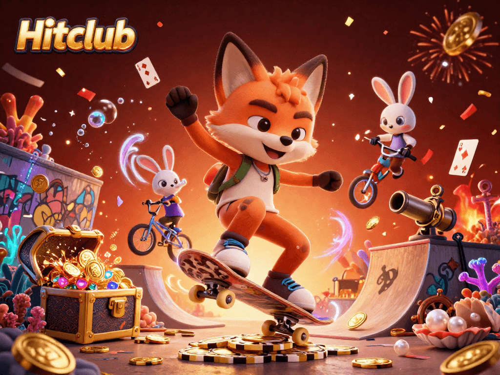Hitclub features a skateboarder fox kicking off poker chips with colorful gems and casino symbols.