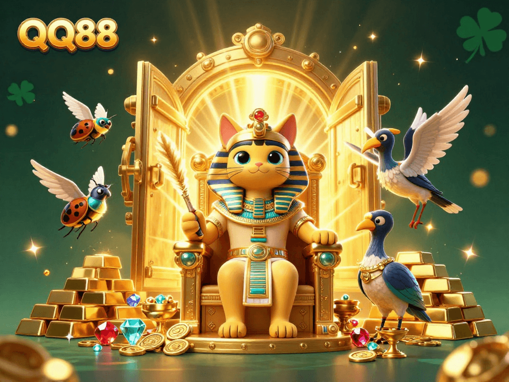 Experience the vibrant QQ88 casino scene with Egyptian pharaoh cat, treasure, and gems.