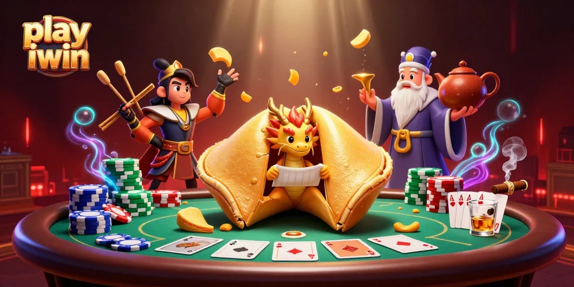 Play iwin with fortune cookies and poker action in vibrant casino scene.