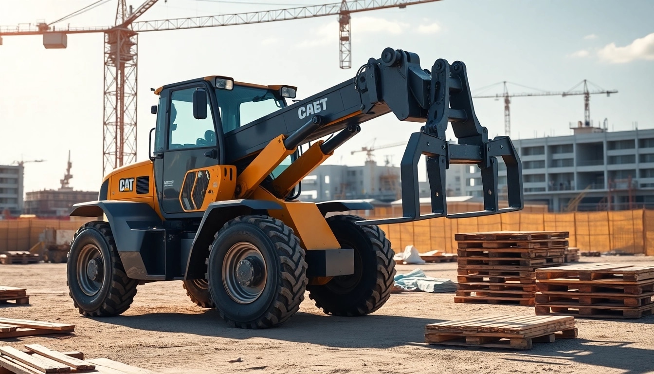 Telehandler lifting materials at a construction site showcasing versatility and durability.