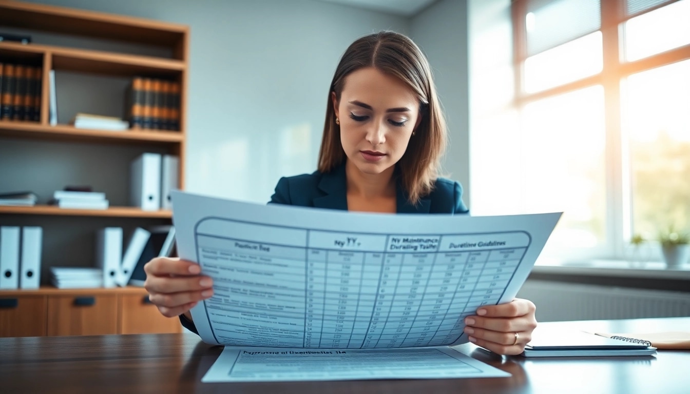 Analyze NY maintenance duration guidelines table with a professional reviewing key details.