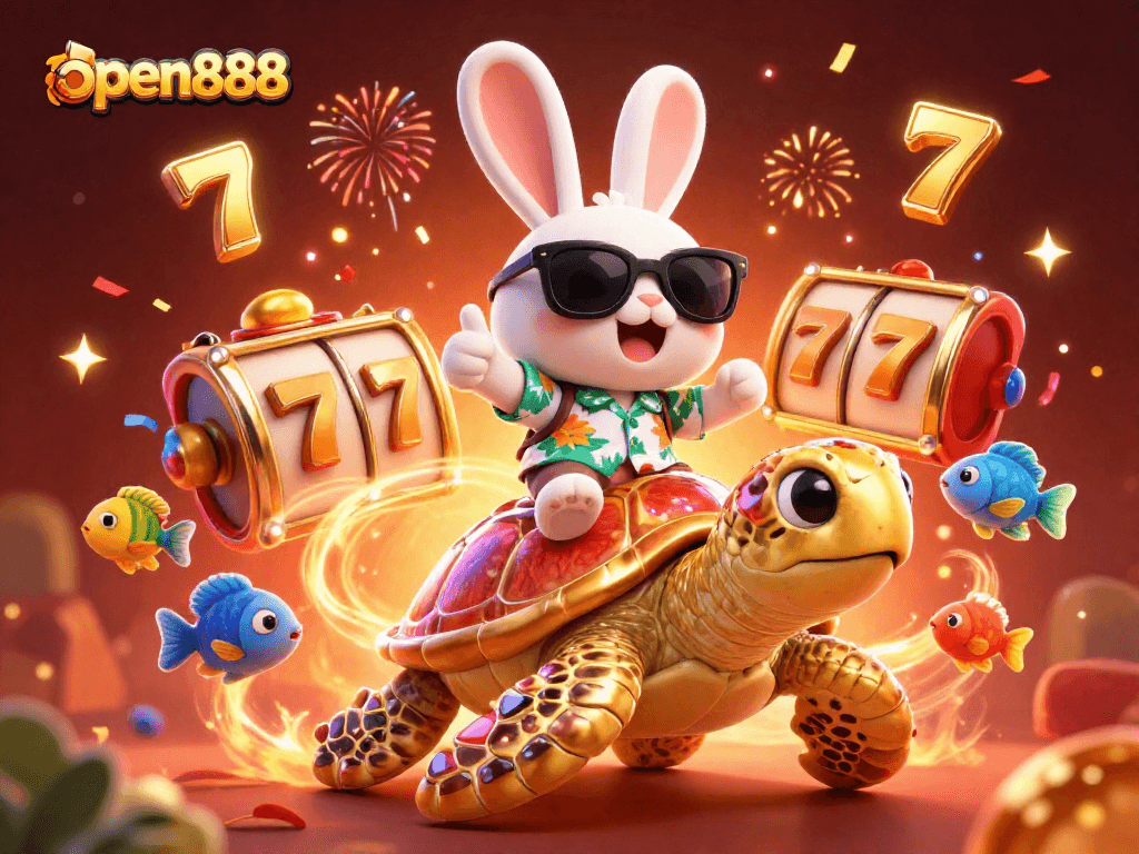 Join the excitement at open888 with a thrilling 3D illustration of a lucky rabbit and golden turtle in a vibrant casino environment.