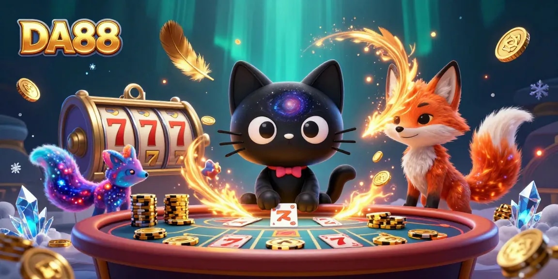 Engage with DA88 at the cosmic casino table featuring a black hole cat and a nebula fox.