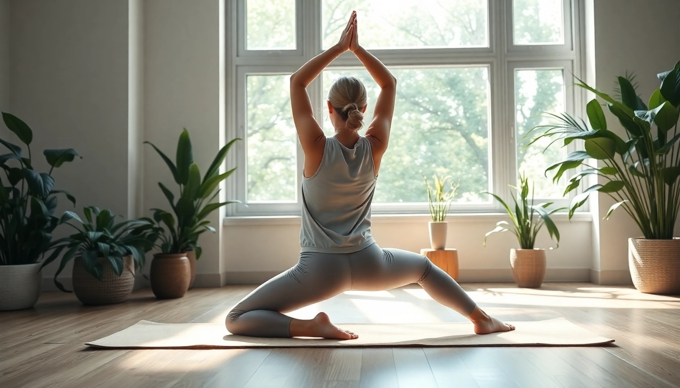 Practicing yoga as a natural back pain solution in a tranquil indoor setting.