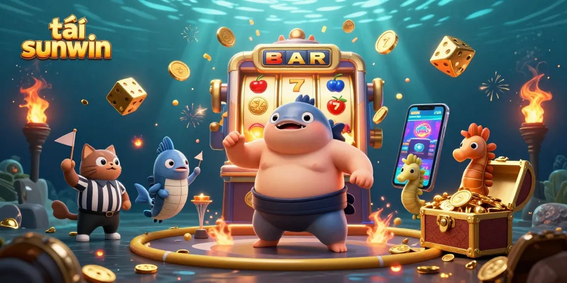The illustration showcases vibrant characters around a slot machine, promoting tải sunwin with dynamic casino elements.