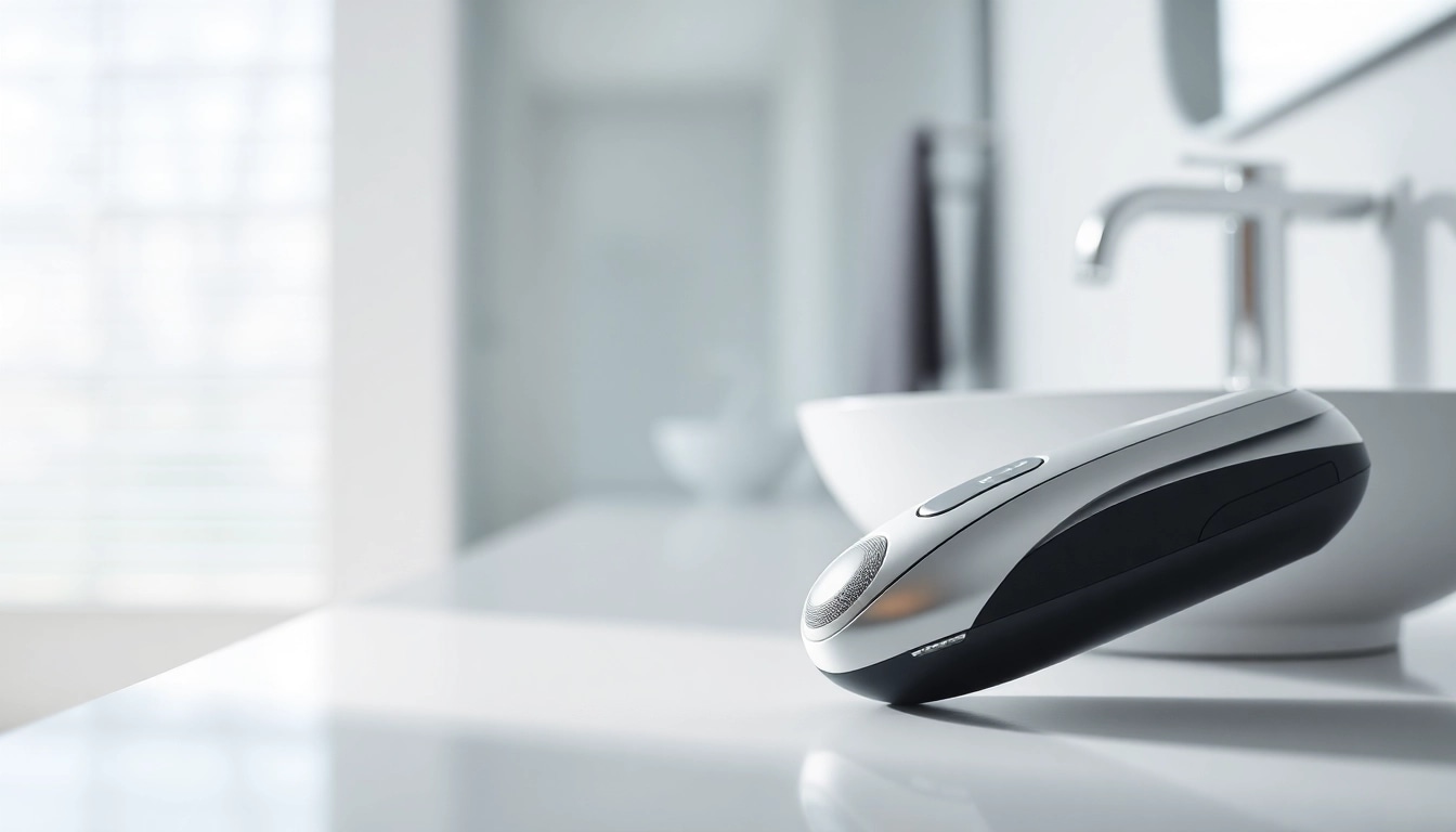 Mini electric shaver showcased in a modern bathroom setting highlighting its sleek design.