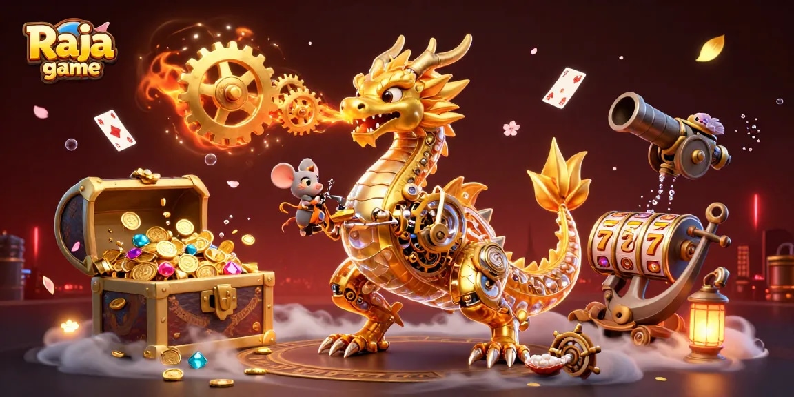 Experience thrilling gameplay with the Raja game in a vibrant, treasure-filled 3D scene.