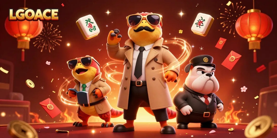 LGOACE's vibrant casino scene with entertaining raptors and a bulldog bouncer at a VIP lounge.