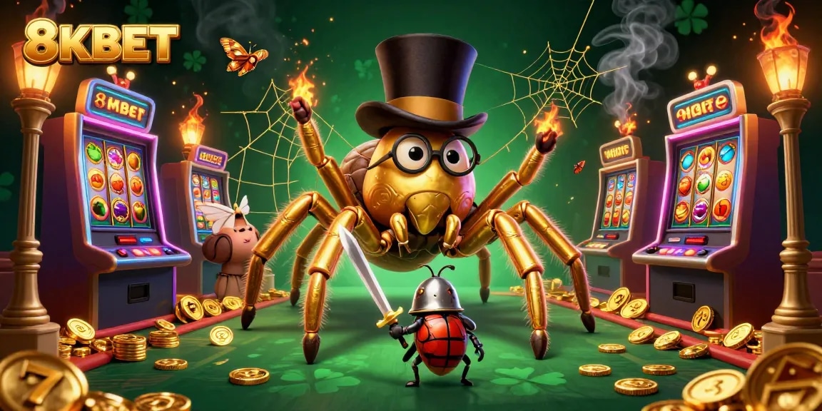 Engage with 8KBET's thrilling online casino experience through a vibrant 3D illustration featuring slot machines.
