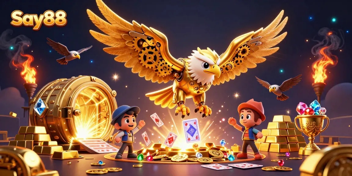 Experience thrilling wins at Say88 with a 3D golden eagle soaring through sparkling cards and treasures.