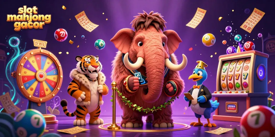 Engage with slot mahjong gacor in this vibrant casino scene featuring a woolly mammoth bouncer.
