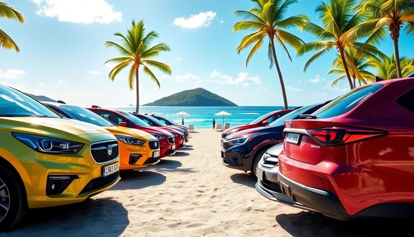 Find the best car rental st barts offers with a beautiful beach background and colorful vehicles.