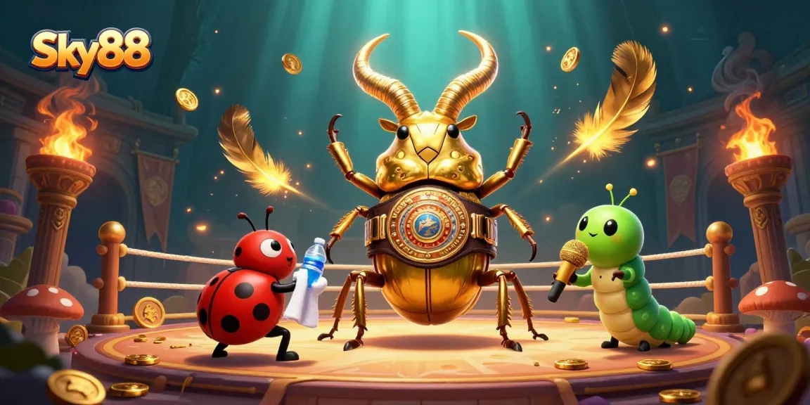 Sky88's dynamic boxing scene featuring a golden beetle champion and lively character interactions.
